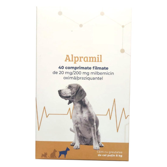 Alpramil Dog 20 mg/200 mg, comprimate filmate pentru câini cu greutatea de cel puțin 8 kg, 4 comprimate