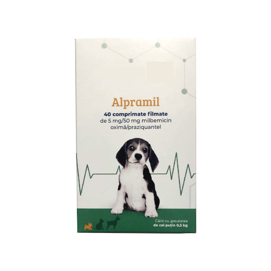 Alpramil Dog 5 mg/50 mg, comprimate filmate pentru câini cu greutatea de cel puțin 0,5 kg, 4 comprimate