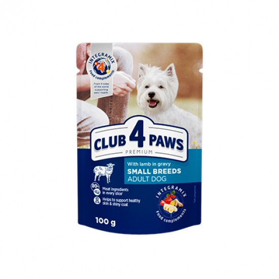 Hrana umeda pentru caini adulti, rase mici, CLUB 4 PAWS Premium, miel in sos, 100g Hrana umeda pentru caini adulti, rase mici, CLUB 4 PAWS Premium, miel in sos, 100g