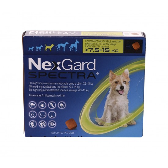 Comprimate masticabile pentru caini, NEXGARD SPECTRA M 38MG/8MG, 7.5-15KG Comprimate masticabile pentru caini, NEXGARD SPECTRA M 38MG/8MG, 7.5-15KG