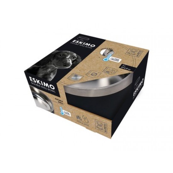 Castron negru pentru caini, premium, otel inoxidabil, Double Wall Bowl ESKIMO M-PETS, 1.25 L
