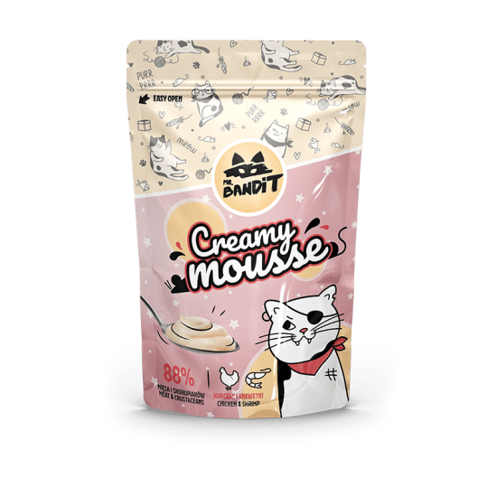 Recompense pentru pisici Mr. Bandit CAT Creamy Mousse, piept de pui si creveti, 60 g Recompense pentru pisici Mr. Bandit CAT Creamy Mousse, piept de pui si creveti, 60 g