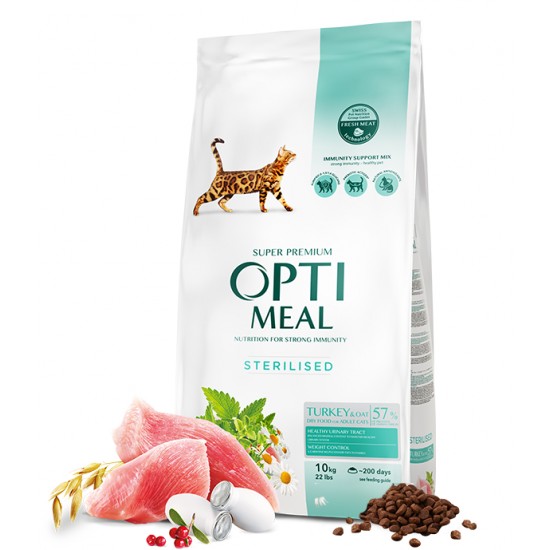 Hrana uscata pentru pisici sterilizate, Super Premium OPTIMEAL DRY FOOD, curcan si ovaz, 10 kg