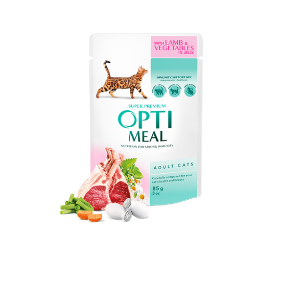 Hrana umeda pentru pisici adulte, Super Premium OPTIMEAL WET FOOD , miel si legume, 85g Hrana umeda pentru pisici adulte, Super Premium OPTIMEAL WET FOOD , miel si legume, 85g