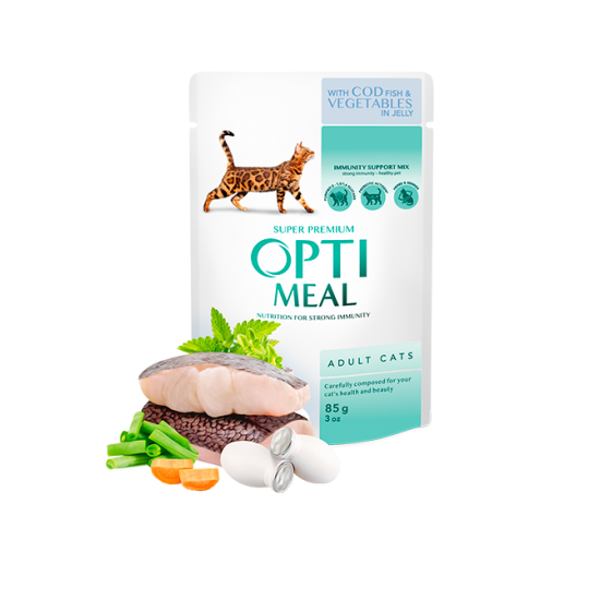 Hrana umeda pentru pisici adulte, Super Premium OPTIMEAL WET FOOD, COD SI LEGUME ÎN JELEU, 85g Hrana umeda pentru pisici adulte, Super Premium OPTIMEAL WET FOOD, COD SI LEGUME ÎN JELEU, 85g