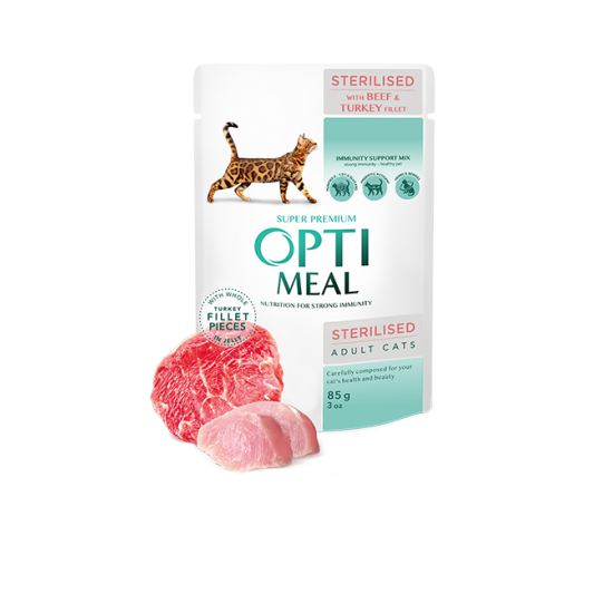 OPTIMEAL- Sterilised cats with beef and turkey fillet in jelly- 85g OPTIMEAL- Sterilised cats with beef and turkey fillet in jelly- 85g
