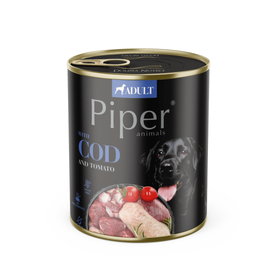 Hrana umeda pentru caini PIPER DOG, cod si tomate, 800g