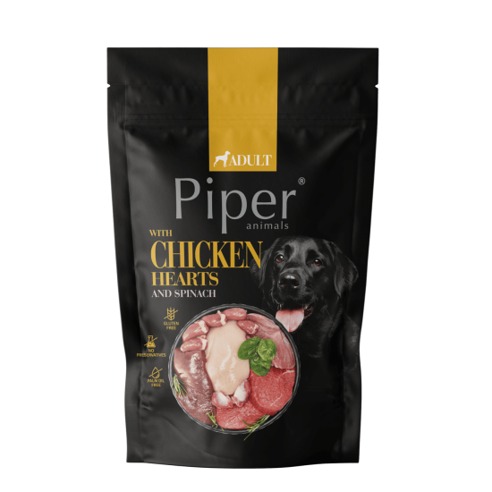 Hrana umeda pentru caini PIPER DOG, inimi de pui si spanac. 500g