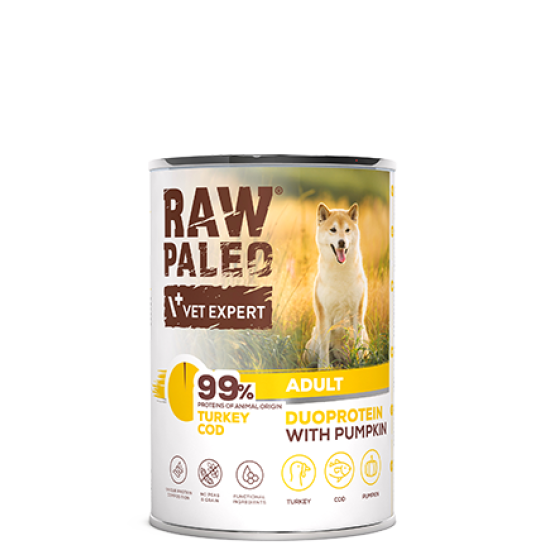 Hrană umedă pentru câini, adult, Raw Paleo Duo Protein, Curcan cu Cod și Dovleac, 400g