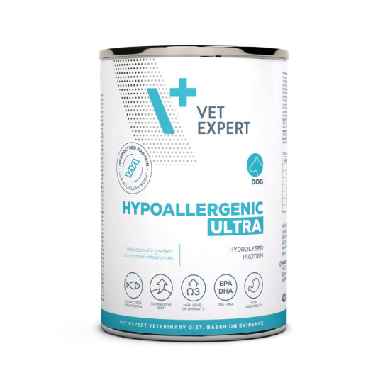 Dieta veterinară umedă, pentru câini adulți, Vet Expert Hypoallergenic Dog ULTRA, 400g Dieta veterinară umedă, pentru câini adulți, Vet Expert Hypoallergenic Dog ULTRA, 400g