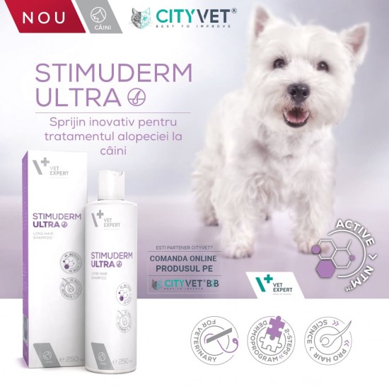 Sampon, tratament alopecie,  caini cu blana scurta, Stimuderm Ultra, Vet Expert,  250ml
