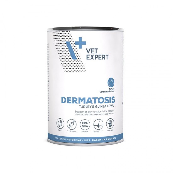 Dieta veterinară umedă, pentru câini adulți, Vet Expert Dermatosis Dog, curcan si bibilica 400g Dieta veterinară umedă, pentru câini adulți, Vet Expert Dermatosis Dog, curcan si bibilica 400g