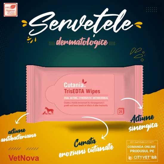 Servetele dermatologice cu actiune antibacteriana pentru ingrijirea și curatarea pielii, Cutania TrisEDTA Wipes, VetNova, 24 servetele Servetele dermatologice cu actiune antibacteriana pentru ingrijirea și curatarea pielii, Cutania TrisEDTA Wipes, VetNova, 24 servetele