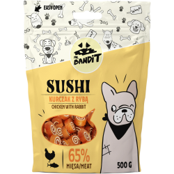 Recompense pentru caini Mr. Bandit SUSHI, pui si peste, 80g Recompense pentru caini Mr. Bandit SUSHI, pui si peste, 80g