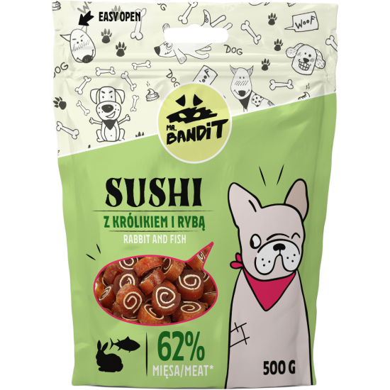 Recompense pentru caini Mr. Bandit SUSHI, iepure si peste, 80g Recompense pentru caini Mr. Bandit SUSHI, iepure si peste, 80g