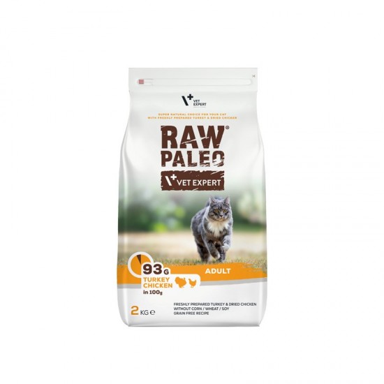 Hrana uscata pentru pisici adulte, RAW PALEO, carne de curcan si pui, 2 kg