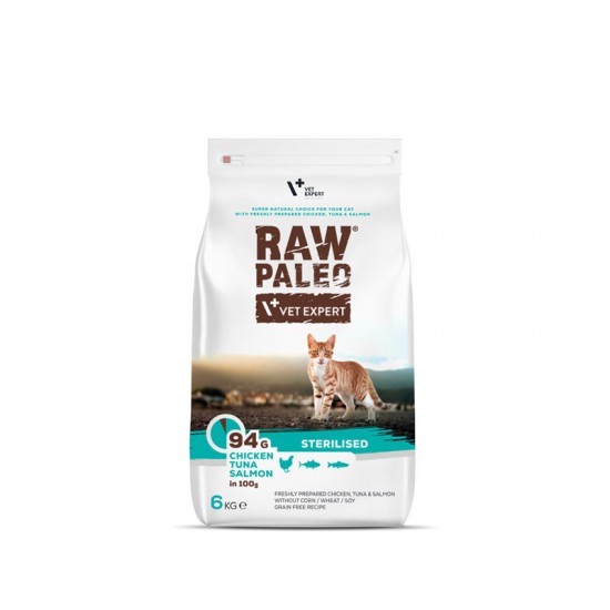 Hrana uscata pentru pisici sterilizate, RAW PALEO, carne de pui, ton si somon, 6 kg