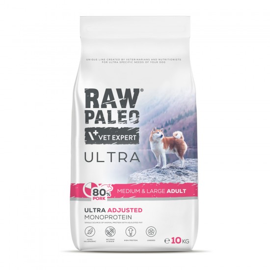 Hrană uscată pentru câini adulți Raw Paleo Ultra Pork, talie medie si mare, 10kg Hrană uscată pentru câini adulți Raw Paleo Ultra Pork, talie medie si mare, 10kg