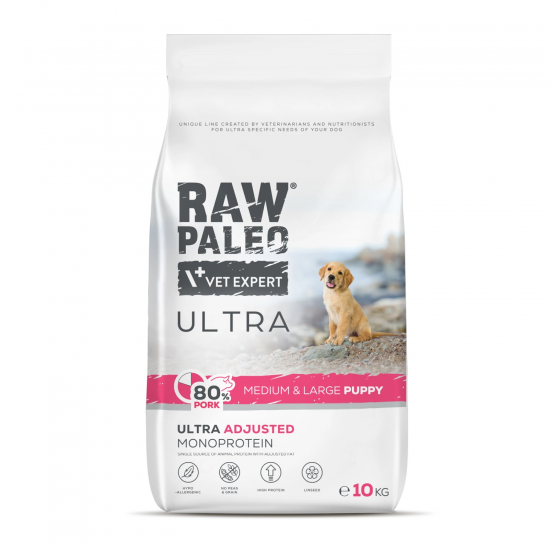 Hrană uscată pentru câini junior, Raw Paleo Ultra Pork, talie medie si mare, 10 kg